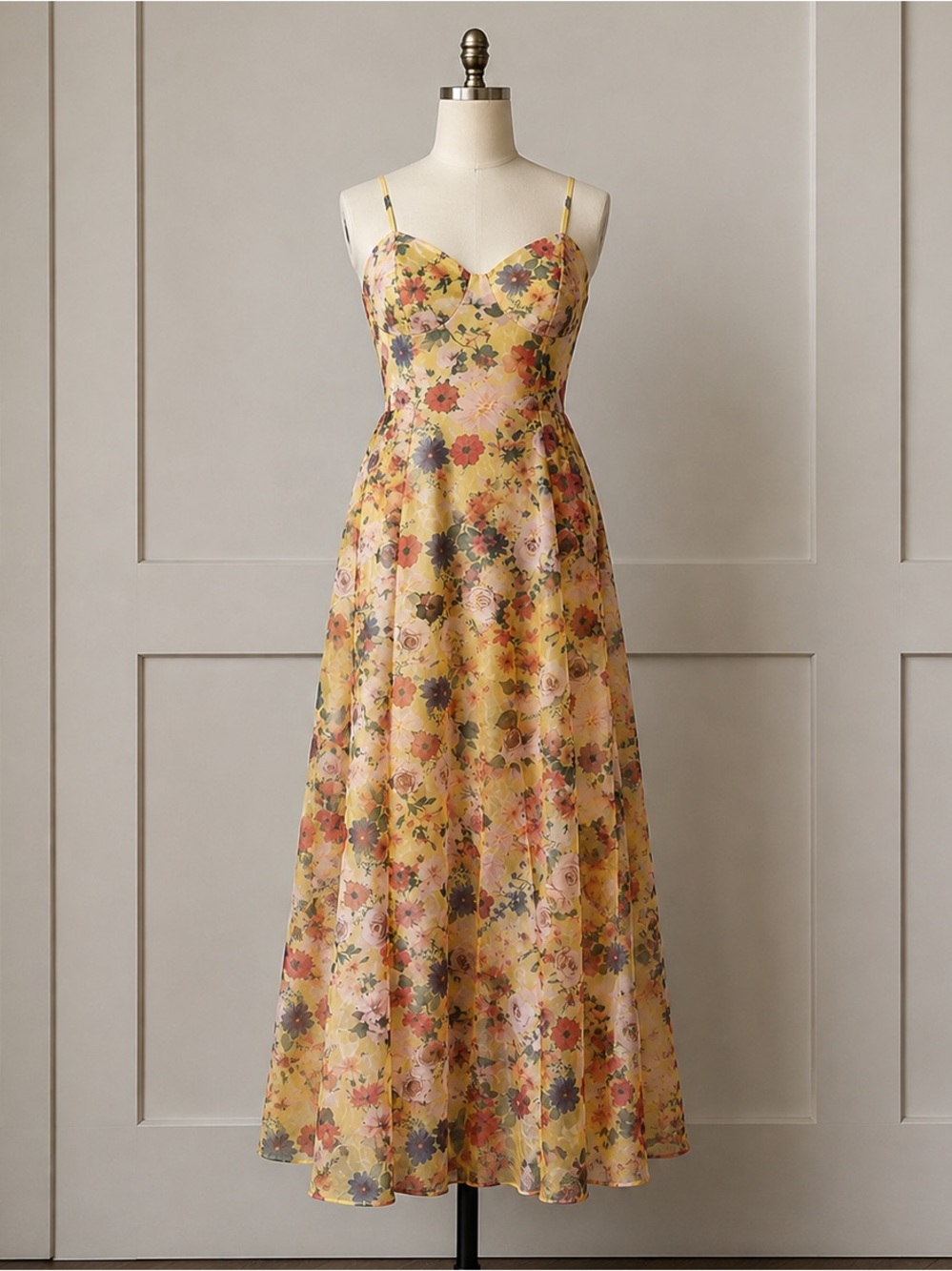 Yellow Floral Corset Maxi Dress Romantic Cottagecore